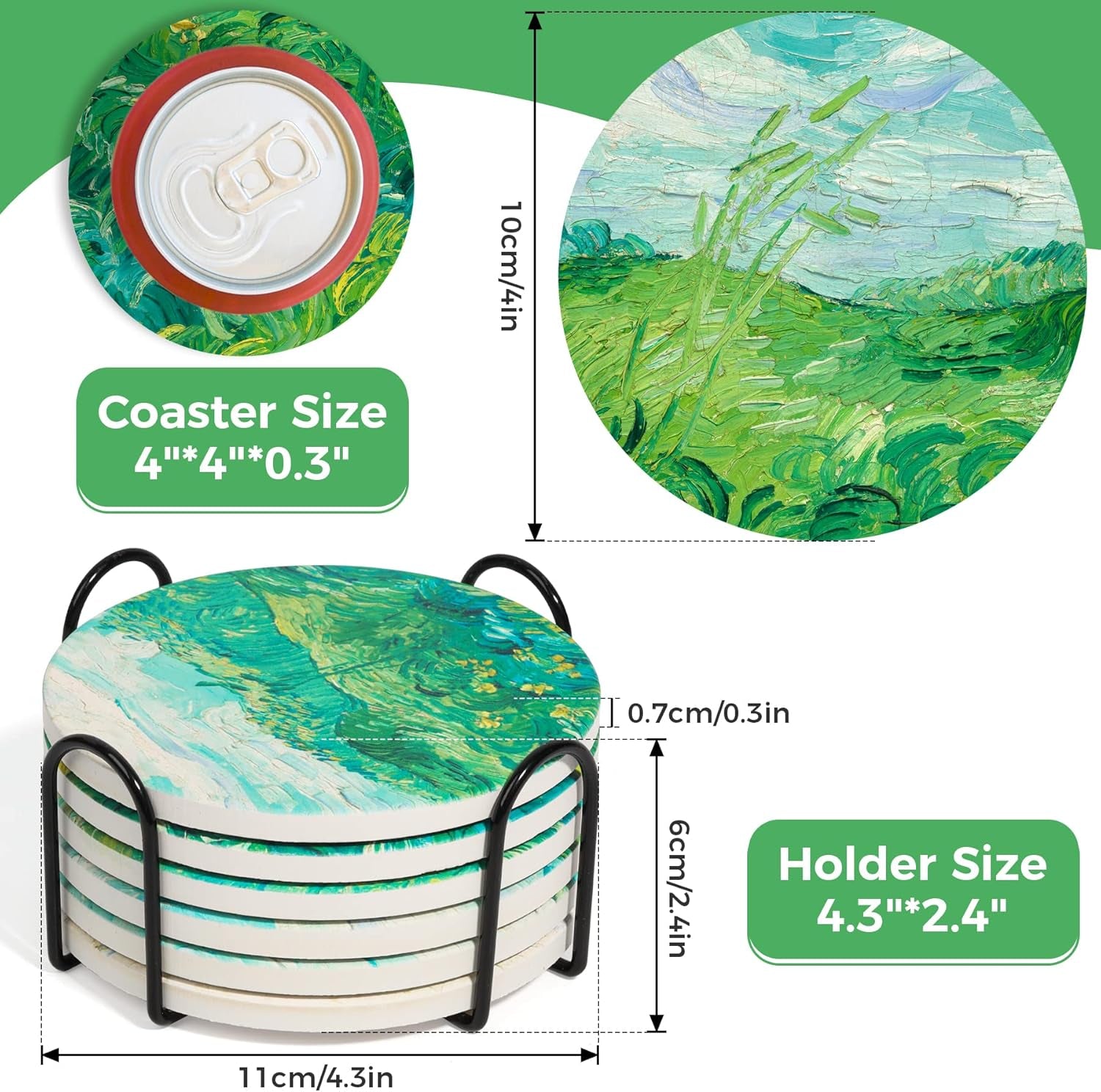 Drink Coasters with Holder, Coasters for Drinks-Set of 6, Van Gogh Paintings Art Ceramic Coasters for Coffee Table Gifts Home Decor, Green, 4 Inches, 10CM