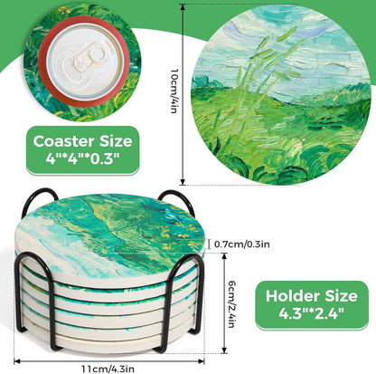 Drink Coasters with Holder, Coasters for Drinks-Set of 6, Van Gogh Paintings Art Ceramic Coasters for Coffee Table Gifts Home Decor, Green, 4 Inches, 10CM