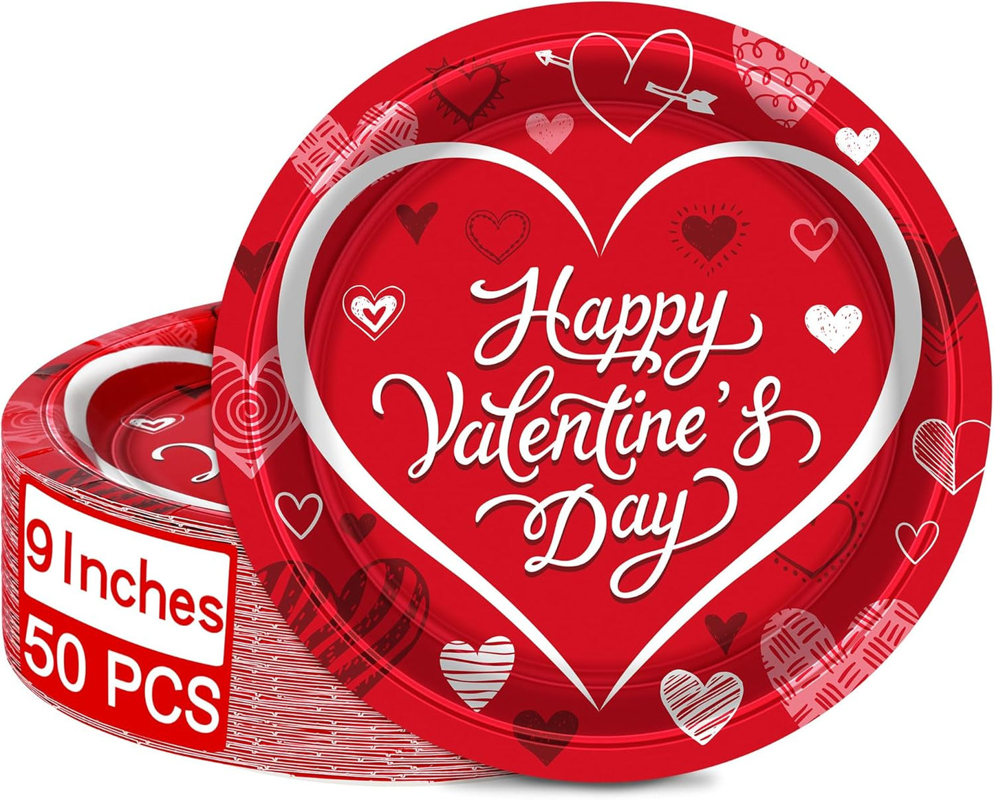 50 PCS Valentines Paper Plates, 9-Inch round Heart Plates, Happy Valentines Day Design Red Heart Plates Heart Disposable Plates, Heart Decorations for Party Wedding Birthday Anniversary
