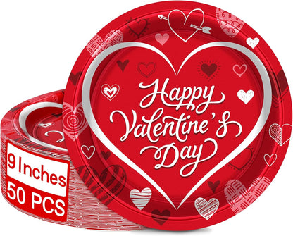 50 PCS Valentines Paper Plates, 9-Inch round Heart Plates, Happy Valentines Day Design Red Heart Plates Heart Disposable Plates, Heart Decorations for Party Wedding Birthday Anniversary