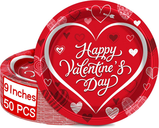 50 PCS Valentines Paper Plates, 9-Inch round Heart Plates, Happy Valentines Day Design Red Heart Plates Heart Disposable Plates, Heart Decorations for Party Wedding Birthday Anniversary