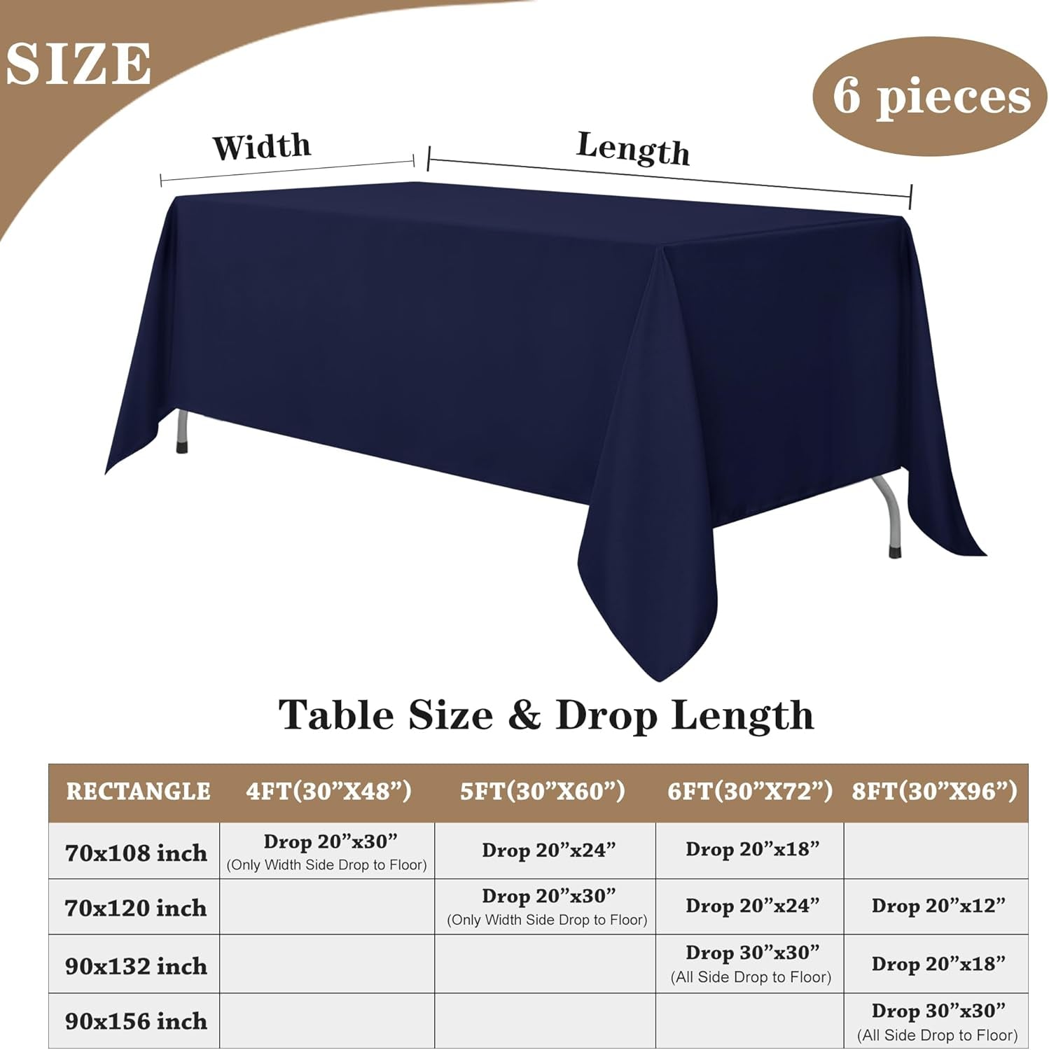Navy Tablecloths for 6-8 Foot Tables, Set of 6 - 70 x 120 Inches - Reusable and Washable Polyester Fabric Table Covers for Weddings, Parties, and Banquets