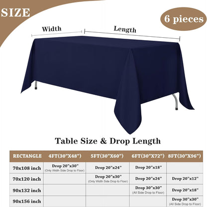 Navy Tablecloths for 6-8 Foot Tables, Set of 6 - 70 x 120 Inches - Reusable and Washable Polyester Fabric Table Covers for Weddings, Parties, and Banquets