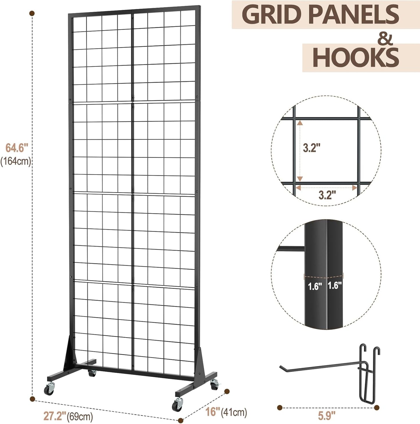 Gridwall Panel Display Stand - Craft Show Display Rack with Extra 24 Hooks, 2' X 5.5' Ft Black Metal Grids Standing Wire Rack for Retail Art Fair - 3 Set