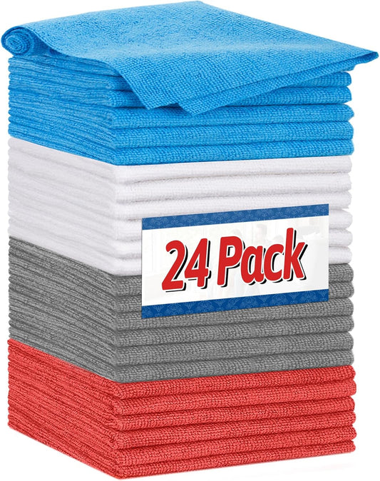 Shop Towels, Microfiber Cleaning Cloth Bulk, 24 Pack Microfiber Towels for Cars, All-Purpose Absorbent Cleaning Rags, Dust Cloth for Automotive, Mechanic, Garage, Bar, 11.5 X 11.5 Inch