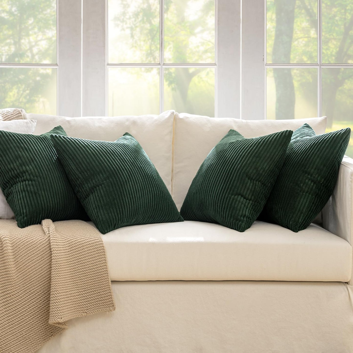 Boho Farmhouse Throw Pillow Covers 18X18 Inch Set of 4 Mordern Nordic Cushion Covers Soft Corduroy Christmas Home Decor for Couch Bed Sofa Living Room Army Green