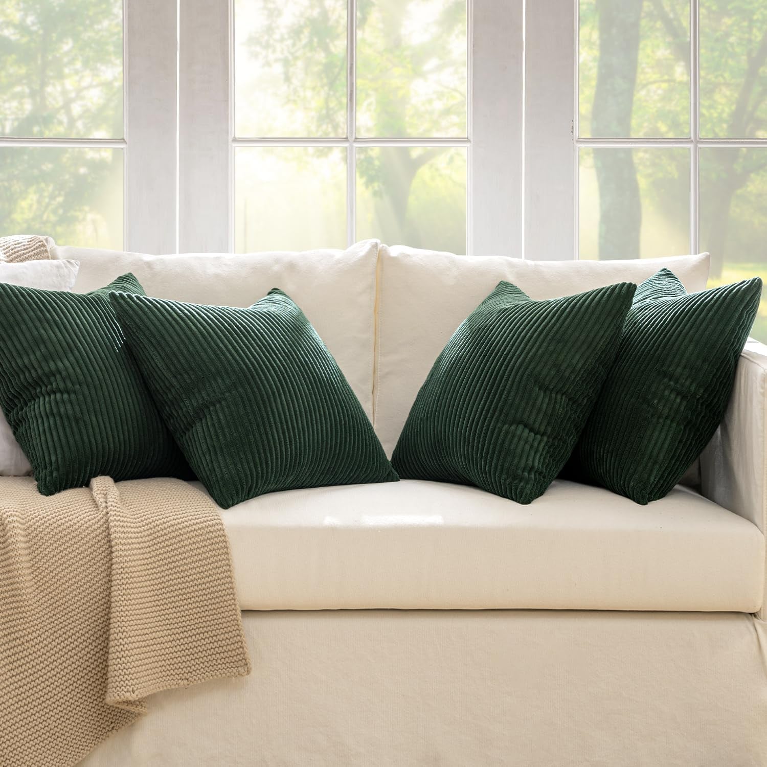 Boho Farmhouse Throw Pillow Covers 18X18 Inch Set of 4 Mordern Nordic Cushion Covers Soft Corduroy Christmas Home Decor for Couch Bed Sofa Living Room Army Green