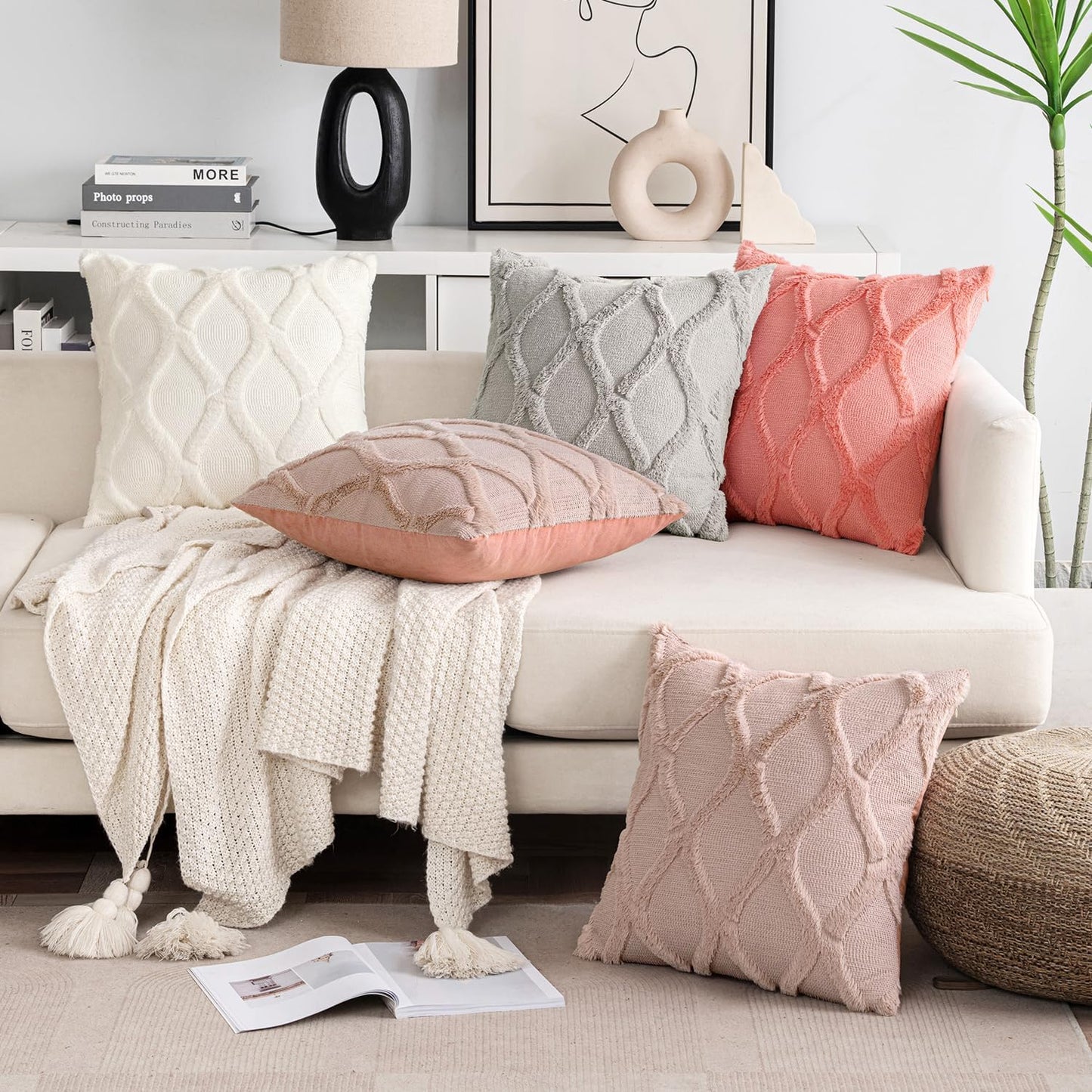 Spring Decorative Throw Pillow Covers Blush Pink 18X18 Inch Set of 2, Soft Plush Faux Wool Couch Cushion Covers Farmhouse Throw Pillows for Couch Bed Sofa Living Room