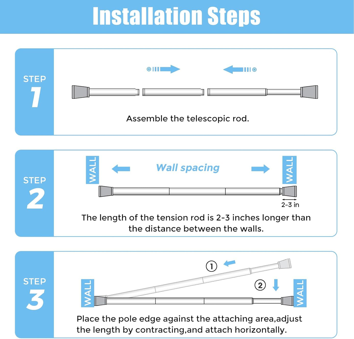 Tension Curtain Rod Spring Tension Rods for Windows 28 to 48 Inch, No Drilling, 7/8" Diameter, White Adjustable Curtain Rod, Small Shower Curtain Rod for Bathroom, Doorway, Closet, Kitchen