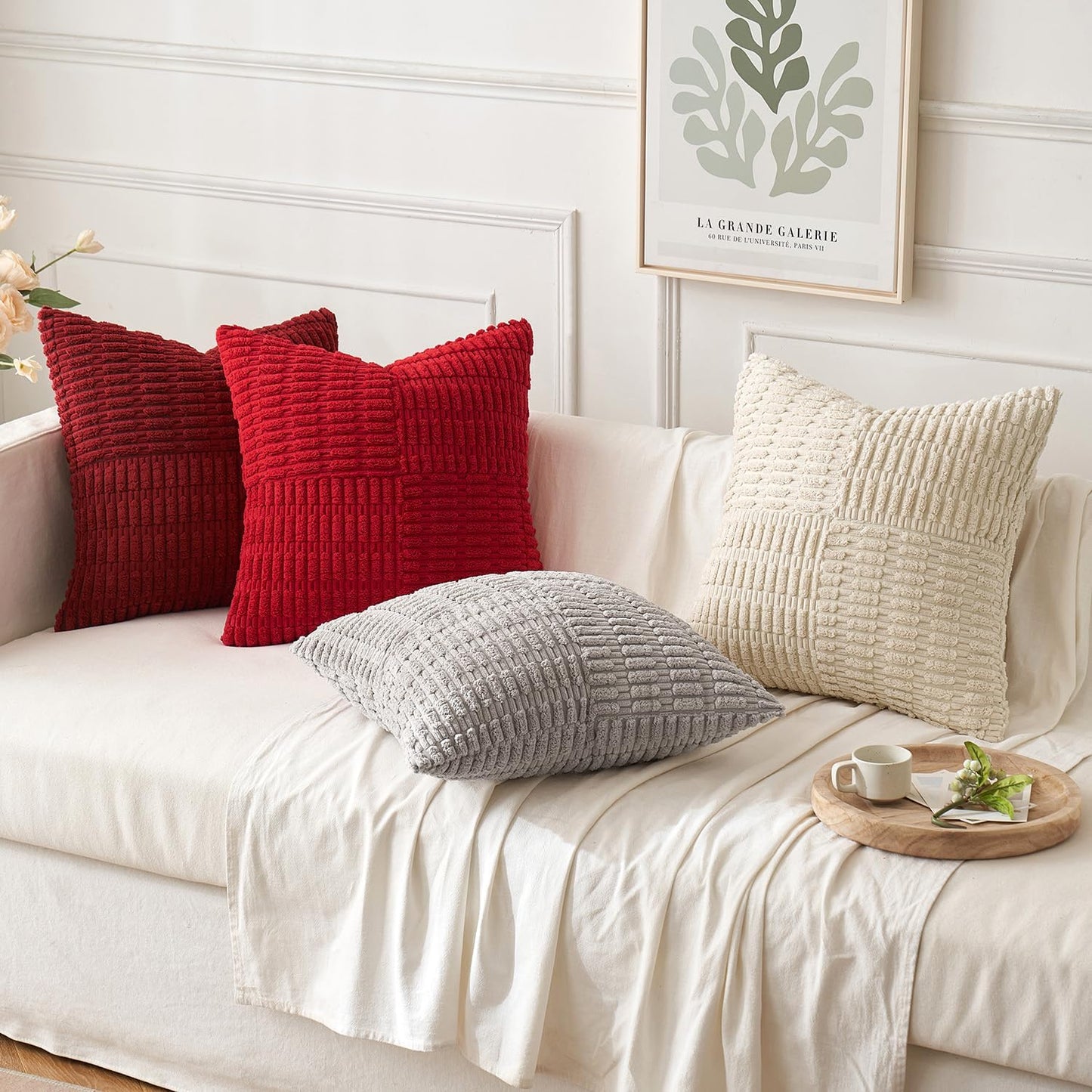 Set of 2 Light Grey Decorative Pillow Covers 18X18 Inch Textured Striped Patchwork Accents Farmhouse Boho Soft Corduroy Couch Pillows for Sofa Living Room Bed Home Decor