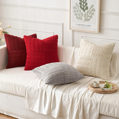 Set of 2 Light Grey Decorative Pillow Covers 18X18 Inch Textured Striped Patchwork Accents Farmhouse Boho Soft Corduroy Couch Pillows for Sofa Living Room Bed Home Decor