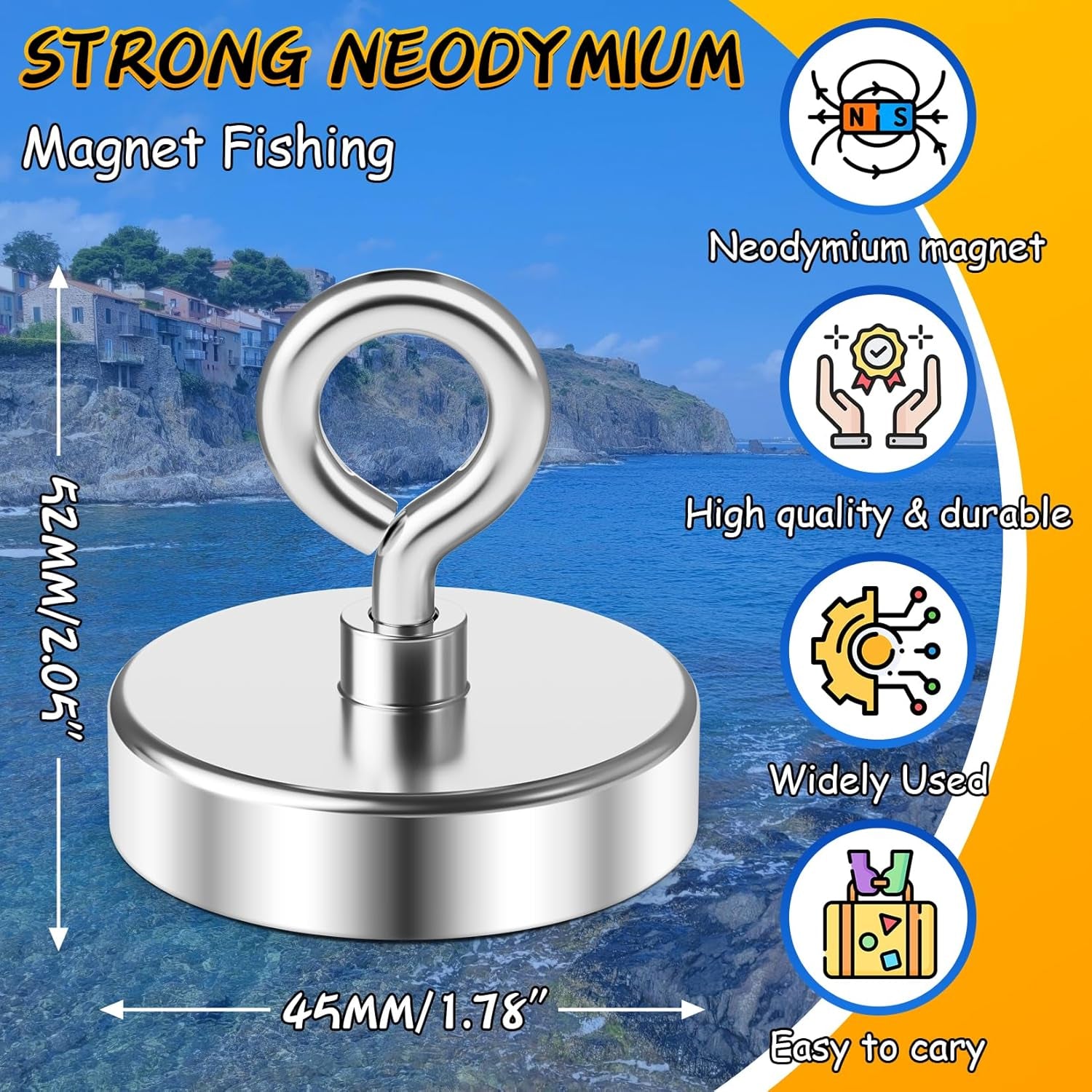 Neodymium Fishing Magnet, 200 Lbs Strong Magnet Fishing, Magnetic Fishing Magnets Heavy Duty for Remover, Super Powerful round Magnets for Retrieving Items in Lake, Beach, Lawn 1.75’’(45Mm)