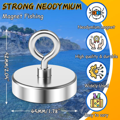Neodymium Fishing Magnet, 200 Lbs Strong Magnet Fishing, Magnetic Fishing Magnets Heavy Duty for Remover, Super Powerful round Magnets for Retrieving Items in Lake, Beach, Lawn 1.75’’(45Mm)