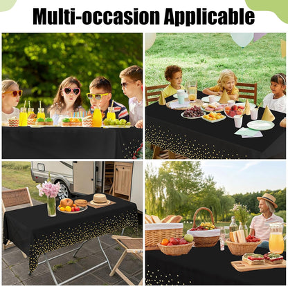 Premium Disposable Tablecloths - 6 Pack, 54 x 108 Inch Waterproof Rectangular Covers for Events, Elegant Plastic Table Covers, Leakproof & Durable, Black & Gold