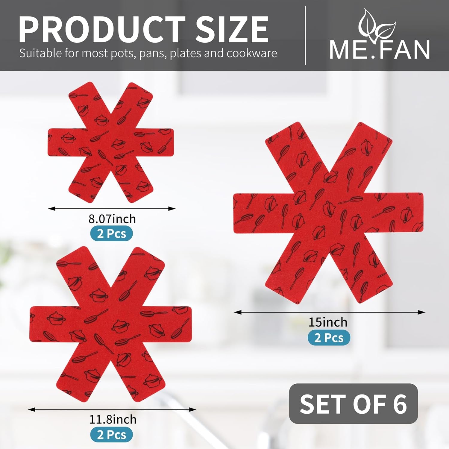 Pot and Pan Protectors, 6 Set (7.9" 11.8" 15"), Felt Cookware, Kitchenware Separators Protector for Stacking to Avoid Scratching Red