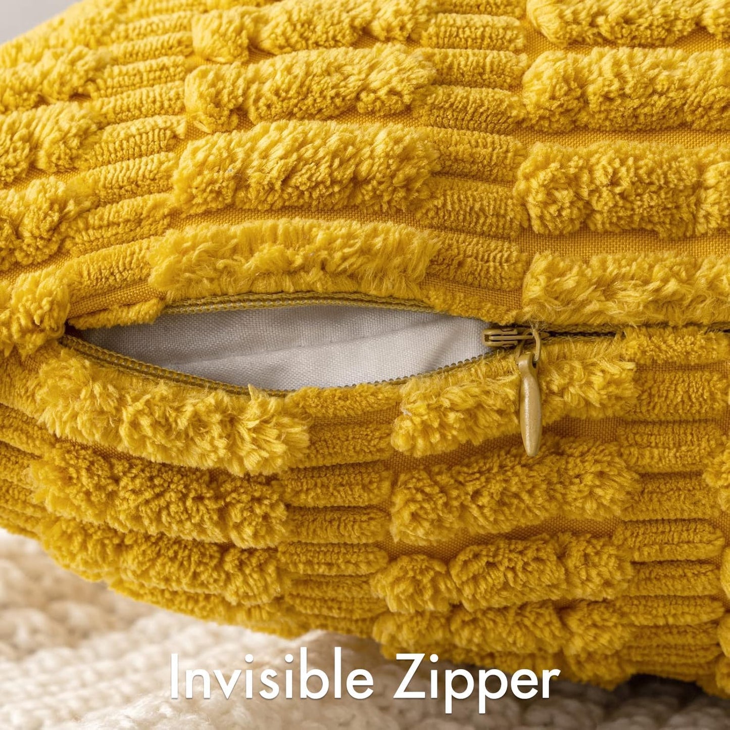 Set of 2 Mustard Yellow Decorative Pillow Covers 18X18 Inch Textured Striped Patchwork Accents Farmhouse Boho Soft Corduroy Couch Pillows for Sofa Living Room Bed Home Decor