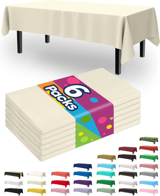 Plastic Table Cloth Disposable 6 Pack, 54 X 108 Inch Table Cloths, Party, Wedding, Thanksgiving Decorations, Fall Tablecloths, Rectangle, Beige Plastic Cover, Waterproof, Cream, Ivory