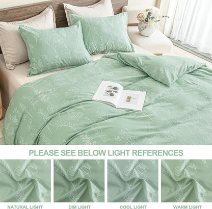 Queen Comforter Set Sage Green, 3 Pieces Floral Lightweight Bedding Comforter Sets, Gift Choice Cute Flowers Botanical Soft Blanket (1 Comforter, 2 Pillowcases)