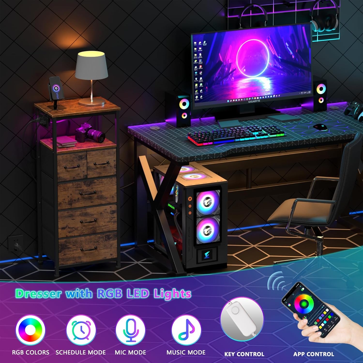 Rustic Brown Vertical Chest with Wood Top, Charging Station, LED Lights, and 5 Fabric Bins - Multifunctional Dresser and Nightstand for Bedroom and Entryway