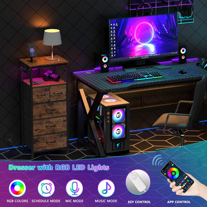 Rustic Brown Vertical Chest with Wood Top, Charging Station, LED Lights, and 5 Fabric Bins - Multifunctional Dresser and Nightstand for Bedroom and Entryway