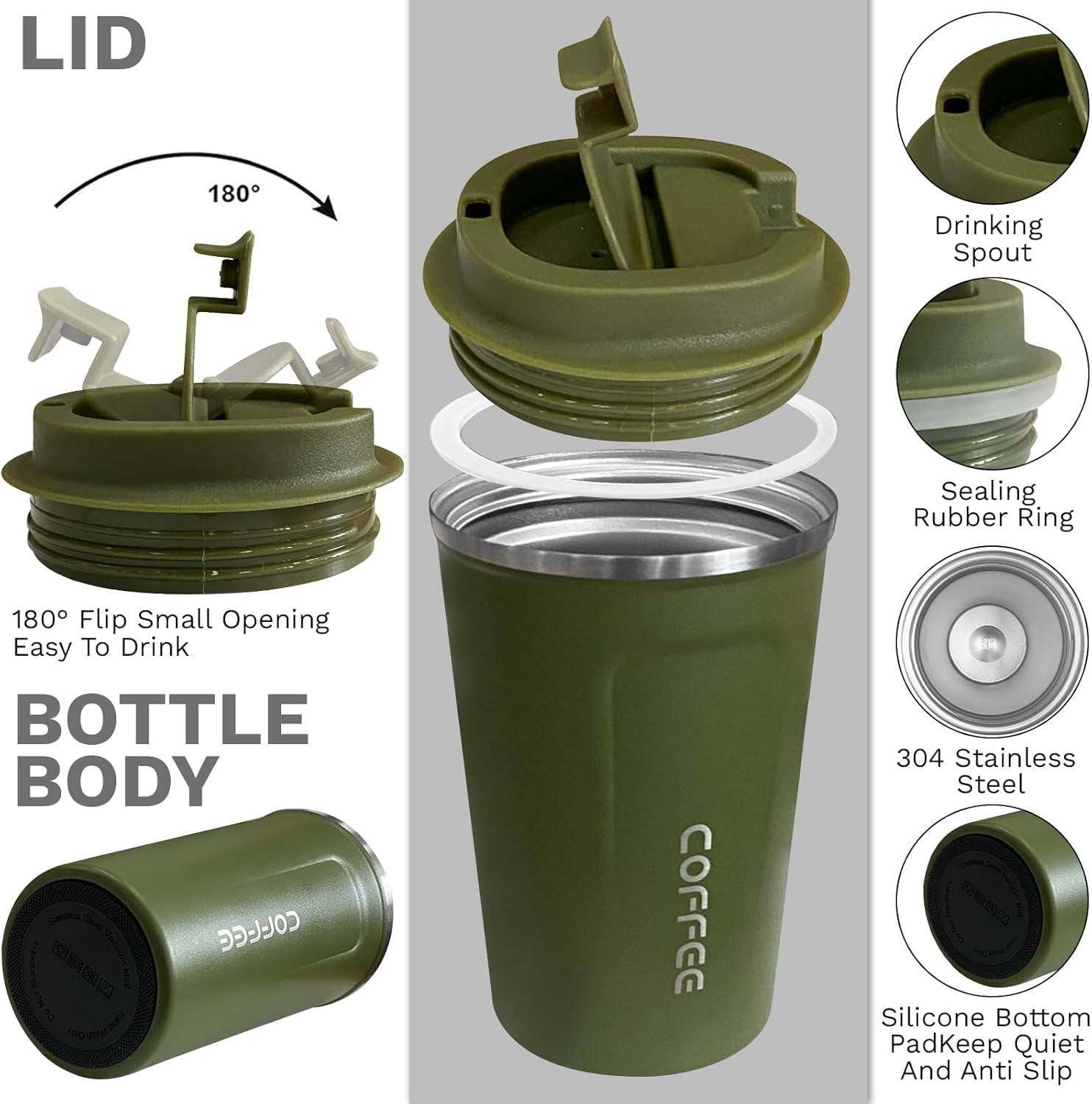Insulated Travel Coffee Mug, Spill & Leak Proof, Portable to Go Camping Stainless Steel Coffee Tumbler, Reusable Thermal Coffee Cup with Lid for Hot & Cold Drinks (2Nd-Green, 12 OZ)