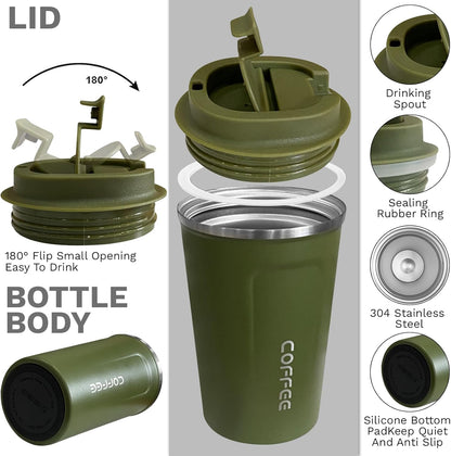 Insulated Travel Coffee Mug, Spill & Leak Proof, Portable to Go Camping Stainless Steel Coffee Tumbler, Reusable Thermal Coffee Cup with Lid for Hot & Cold Drinks (2Nd-Green, 12 OZ)