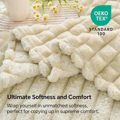 Beige Throw Blanket for Couch and Bed- Super Soft and Warm 3D Checkered Fluffy Fuzzy Fleece Blanket, Luxurious Plush Cozy Blanket for Room Decor Spring, 50X60 Inches