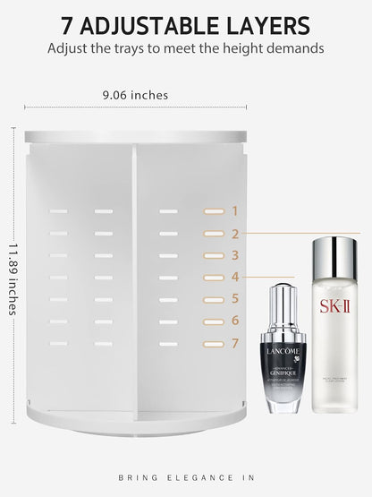 360 Rotating Makeup Organizer, DIY Adjustable Bathroom Makeup Carousel Spinning Holder Rack, Large Capacity Cosmetics Storage Box Vanity Shelf Countertop, Fits Makeup Brushes, Lipsticks, White