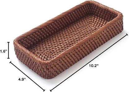 Rattan Bathroom Vanity Trays Toilet Tank Baskets Long Narrow Hand Towel Storage Basket for Storage, Decorative (Honey Brown 10.2 X 4.9 X 1.6 Inch)