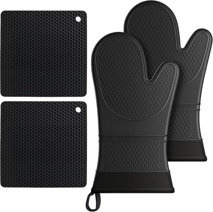 Extra Long Silicone Oven Mitts with Pot Holders with Soft Cotton Lining Non-Slip Textured Grip, Heat and Slip Resistant Oven Mitts with Pot Holders for Baking, Cooking, Black