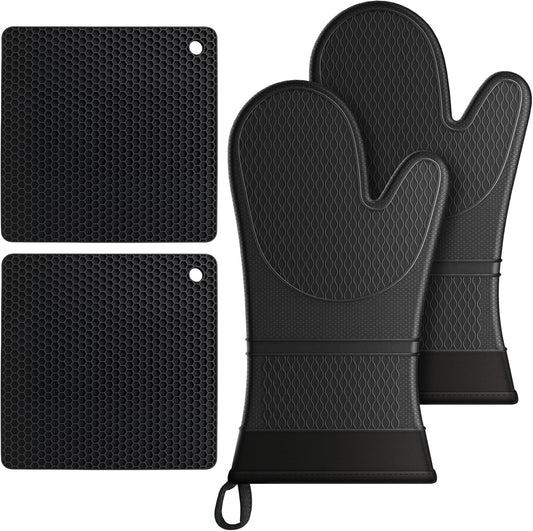 Extra Long Silicone Oven Mitts with Pot Holders with Soft Cotton Lining Non-Slip Textured Grip, Heat and Slip Resistant Oven Mitts with Pot Holders for Baking, Cooking, Black
