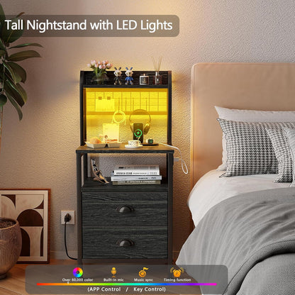 40'' Tall Nightstand with Charging Station, Bedside Table with LED Lights, End Table with 2 Drawers and Storage Shelves, Night Stand with Pegboard for Bedroom, Black Oak