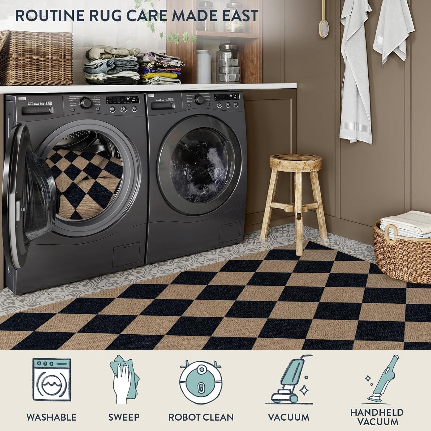 Checkered Easy Jute Runner Rug, Carpet Runners for Hallway 8Ft Washable Rug Non Slip Kitchen Runner, Checkerboard Black Indoor Outdoor Carpet for Entryway