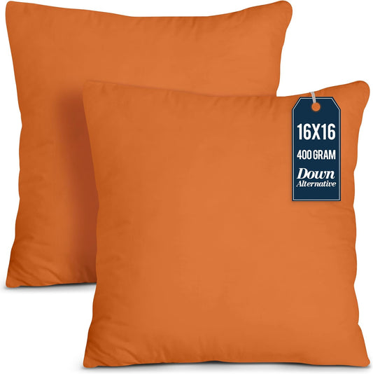 Throw Pillows Insert (Pack of 2, Orange) - 16 X 16 Inches Bed and Couch Pillows - Indoor Decorative Pillow