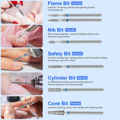 6 Pack Nail Drill Bits for Acrylic Nails, Diamond Carbide Nail Clipper Heads with Diamond Spiral Grooves, 3/32 Inch Cutter Attachment for Nail Preparation, Cuticle and Dead Skin Removal-Blue