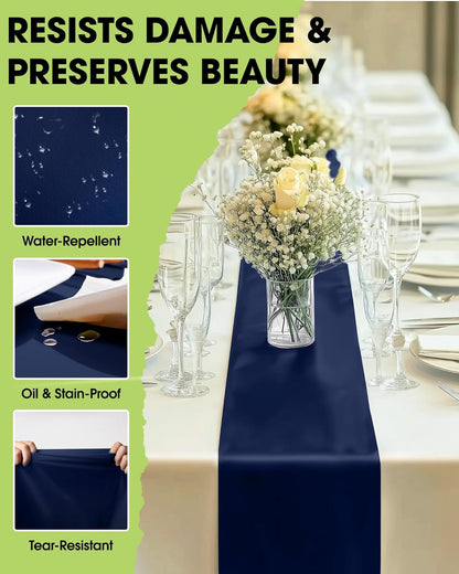 Navy Blue Plastic Table Runners - 12 Pack, 14'' X 108'', Water Resistant & Disposable Centerpiece Decorations for Table Cloth, Wedding, Birthday, Holiday, Baby Shower, Party, Home Decor