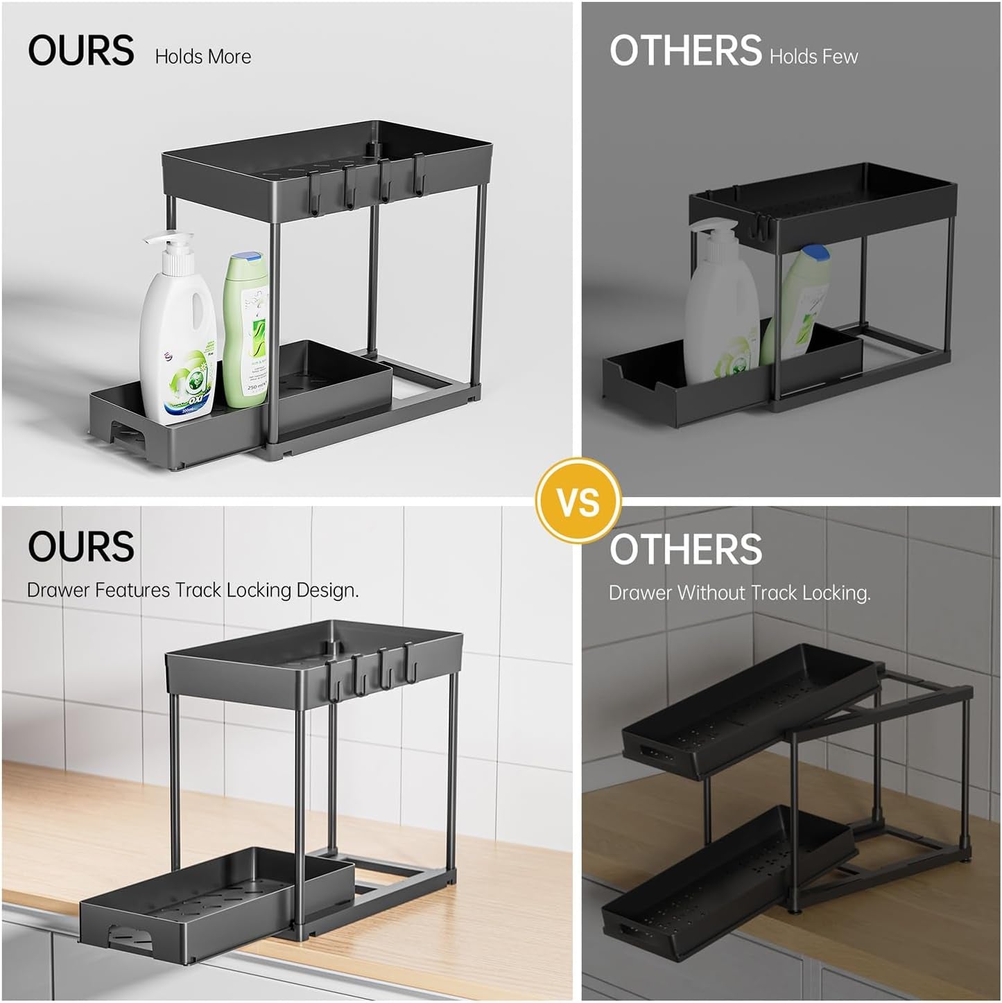 2 Pack under Sink Organizers and Storage, 2 Tier Pull Out under Cabinet Organizer, Black under Sink Storage for Bathroom Kitchen, under Counter Storage Organizer with 8 Hooks