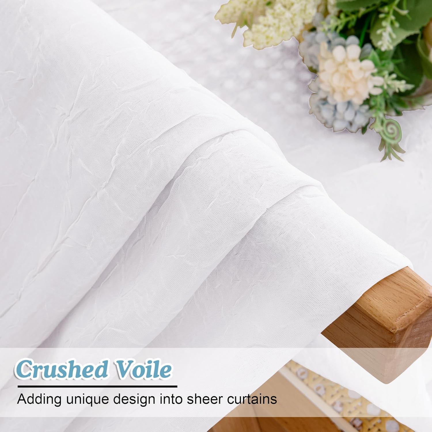 Crushed White Sheer Cafe Curtains 36 Inch Length 2 Panels, Light Filtering Crinkle Voile Bedroom Living Room Short Curtains, Each 42Wx36L Inches