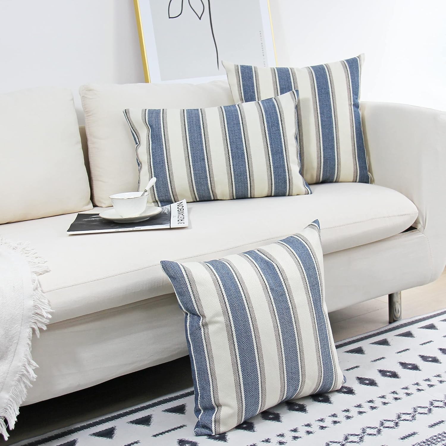Stripe Throw Pillow Covers Farmhouse Pillowcases Pack of 2 18 X 18 Inch Blue