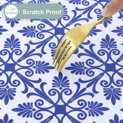 Rectangle Vinyl Table Cloth, Elastic Fitted Flannel Backed Tablecloth, 100% Waterproof Plastic Table Cover Fits 6 Foot Folding Tables for Picnic, Camping, Outdoor (Blue, 30" X 72")