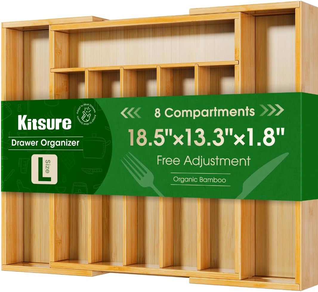 Large Thickened Silverware Organizer - Expandable Bamboo Kitchen Drawer Organizer for Cooking Utensils and Cutlery, Sturdy Kitchen Organizers and Storage Solution, 18.5"×13.3"×1.8"