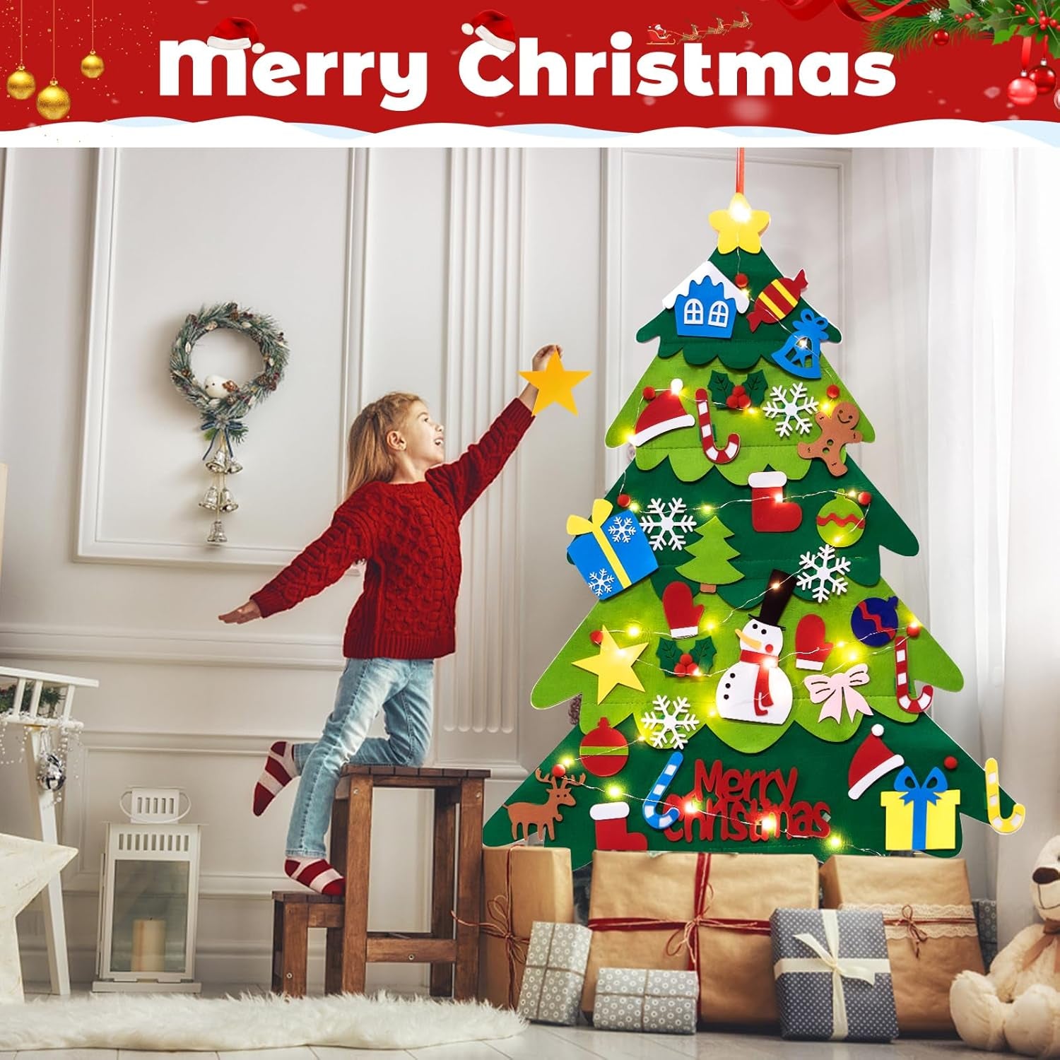 Felt Christmas Tree Set for Toddlers Kids with 3M/9.8Ft Led String Light, 3.2Ft/98Cm Wall Hanging DIY Christmas Tree with 32 Detachable Ornaments for Xmas Home Decoration