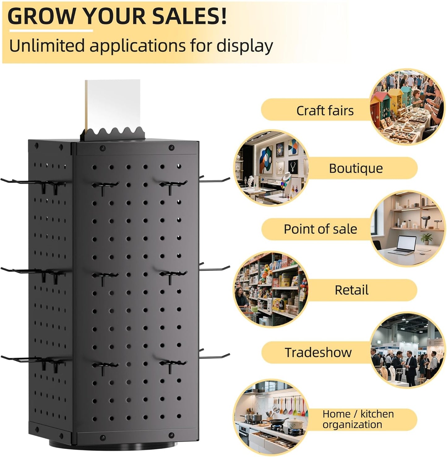 Metal Spinning Peg Board Display Stand with Removable Hooks – Earring Display Stands, Jewelry Display for Vendors Black
