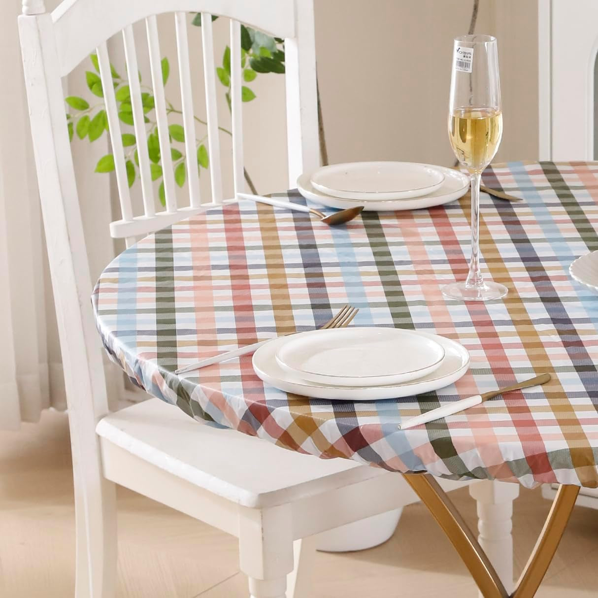 Round Vinyl Fitted Tablecloth with Flannel Backing Elastic Edge Design Table Cover Waterproof Oil-Proof PVC Table Cloth Stain-Resistant Best for 32"-36" Round