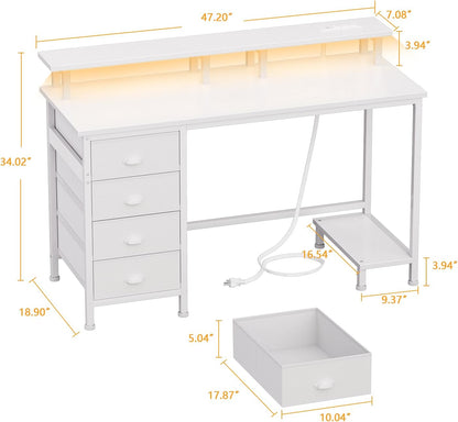 47" White Computer Desk with 4 Fabric Drawers & Monitor Stand, Gaming Desk with Power Outlets - LED Lights, Home Office Space-Saving Study Table for Bedroom Small Spaces