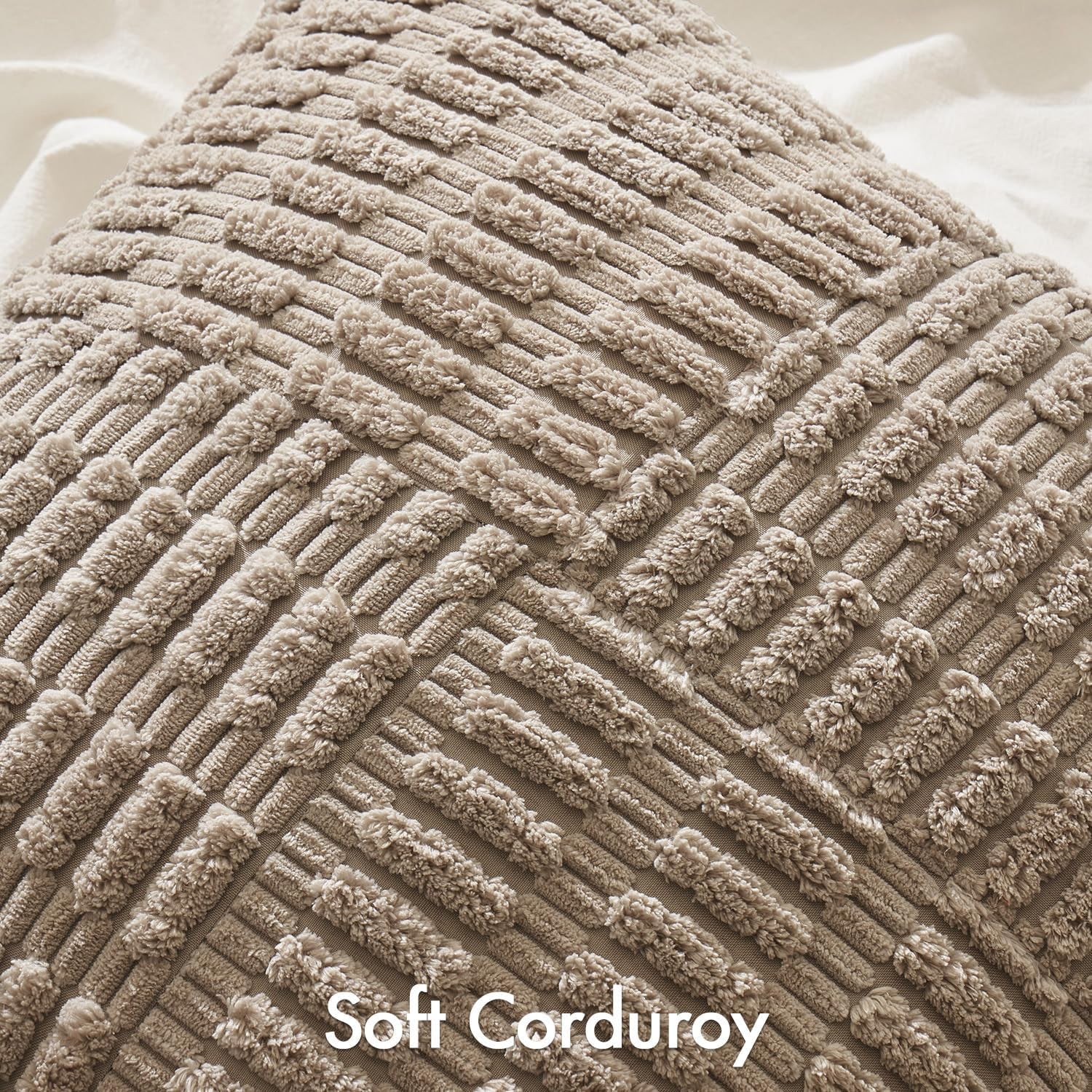 Set of 2 Light Brown Decorative Pillow Covers 18X18 Inch Textured Striped Patchwork Accents Farmhouse Boho Soft Corduroy Couch Pillows for Sofa Living Room Bed Home Decor