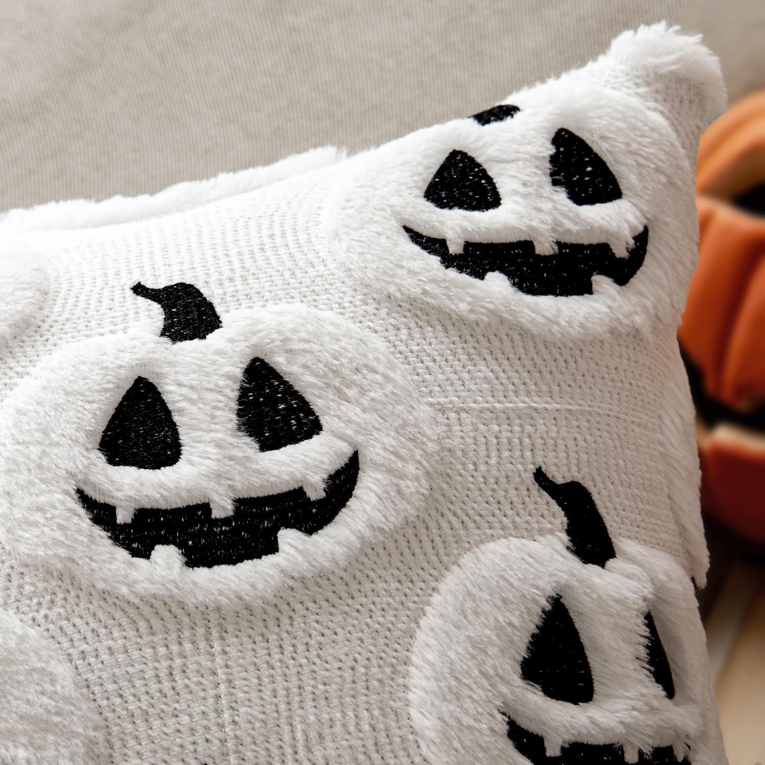Fall Halloween Throw Pillow Covers 18X18 Decorative Pumpkin Pattern Pillowcases Soft Plush Faux Wool Cushions for Home Patio Sofa Couch,White
