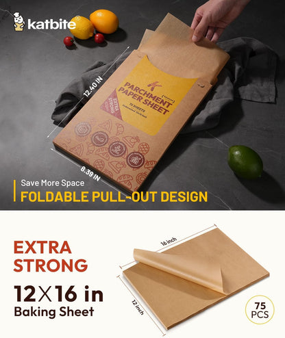 75Pcs Unbleached Parchment Paper Sheets 12X16In, Pre-Cut Heavy Duty Parchment Baking Paper, Non-Stick Half Sheet Brown Baking Parchment Paper for Air Fryer, Baking Cookie [Advanced Series]