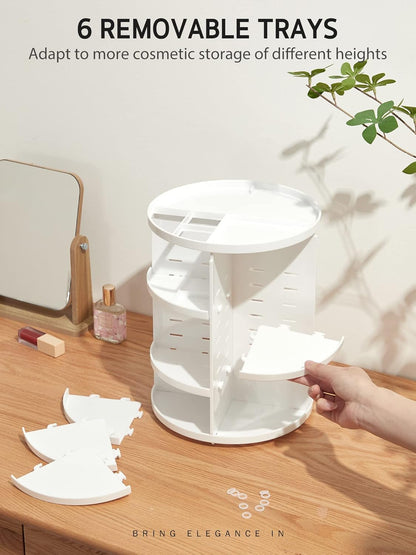 360 Rotating Makeup Organizer, DIY Adjustable Bathroom Makeup Carousel Spinning Holder Rack, Large Capacity Cosmetics Storage Box Vanity Shelf Countertop, Fits Makeup Brushes, Lipsticks, White