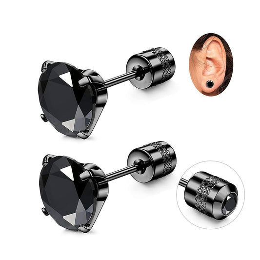 Titanium Screw Flat Back Stud Earrings,Black Hypoallergenic Cubic Zirconia Stud Earring,Double Side Titanium Screw Back Earrings,Piercing Earring for Women and Men 6Mm (Black)